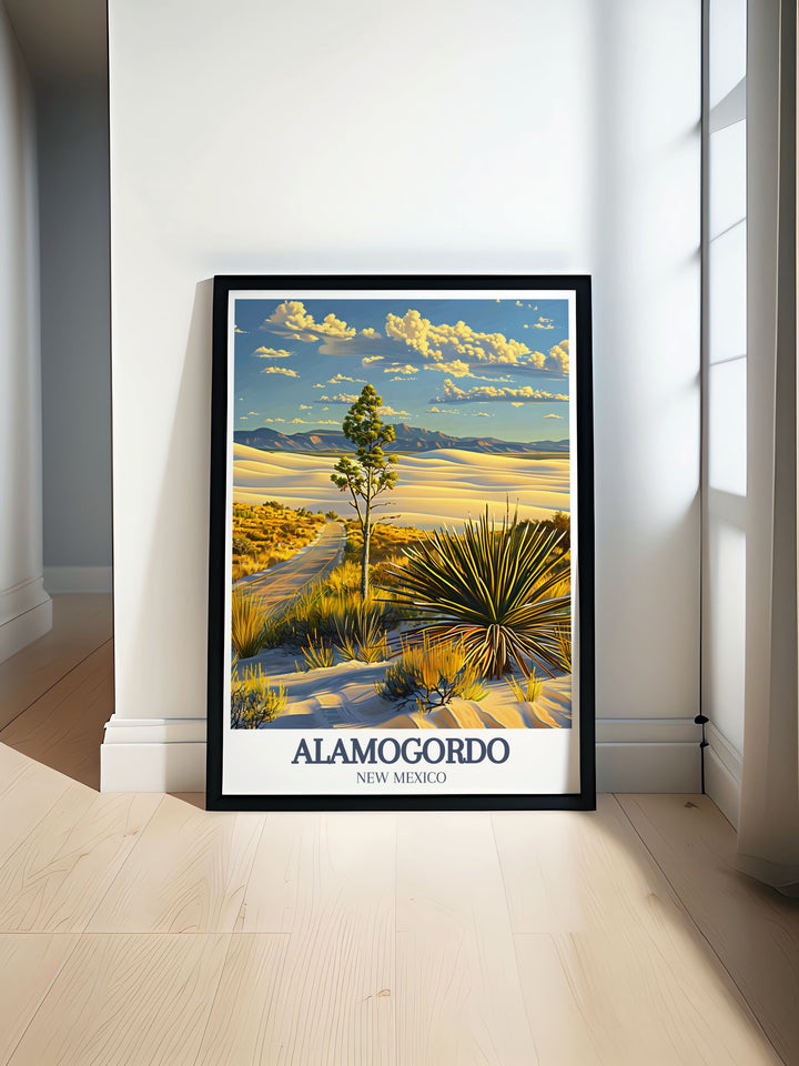 Alamogordo travel poster featuring White Sands National Park and Tularosa Basin perfect for New Mexico decor and art lovers adding a touch of the Southwest to your home or office with vibrant colors and breathtaking landscapes making it an ideal gift.