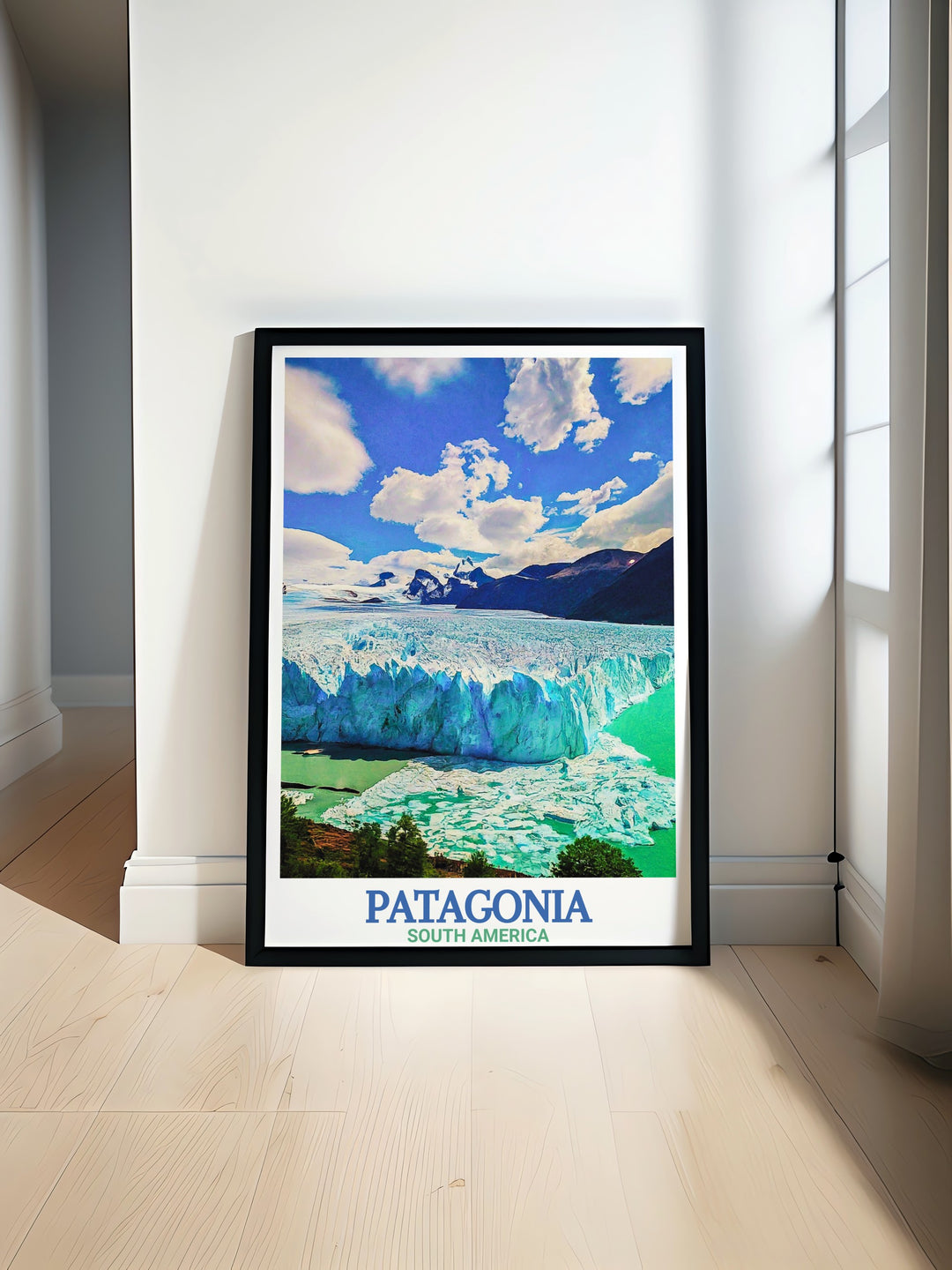 Torres Del Paine National Park poster showcasing the stunning Cuernos Del Paine and grazing guanacos. Perfect for Chile travel enthusiasts and South American art collectors. Includes Perito Moreno Glacier prints for a complete Patagonian experience.
