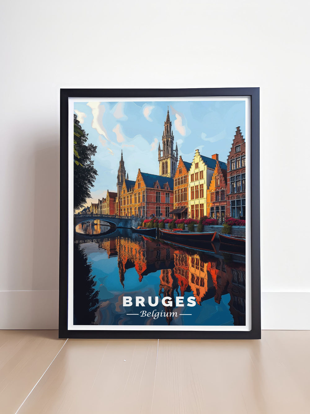 Stunning Bruges wall art depicting a charming canal scene in Belgium. This artwork showcases the timeless beauty of Bruges cobbled streets and iconic canals bringing a touch of elegance to any room. Ideal for travel enthusiasts and art lovers.
