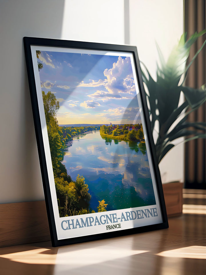 Vintage Marne River poster showcasing the serene beauty of Champagne Ardenne. Perfect for wall art or gifts, this France travel print brings the tranquil landscapes of the Marne River into your home decor with exquisite detail.