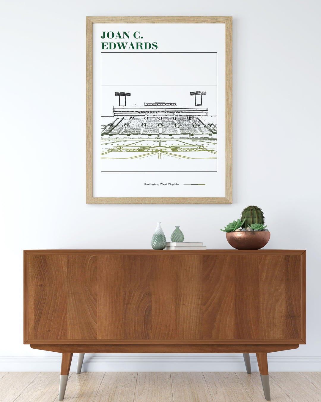 Celebrate the excitement of Marshall University football with this Joan C Edwards Stadium art print. A perfect gift for sports fans and alumni this Marshall College art decor brings NCAA football spirit into any space with its retro style.