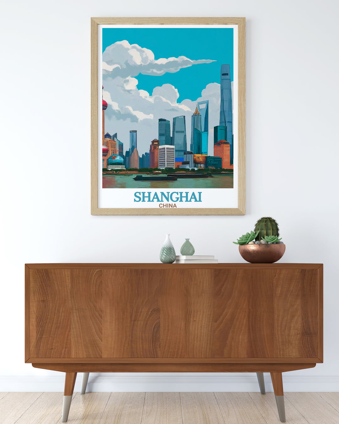 Featuring The Bunds iconic waterfront and Shanghais towering skyline, this travel print highlights the beauty of Chinas most famous city. This art piece adds a touch of elegance to any room, perfect for those who enjoy world travel and cultural landmarks.