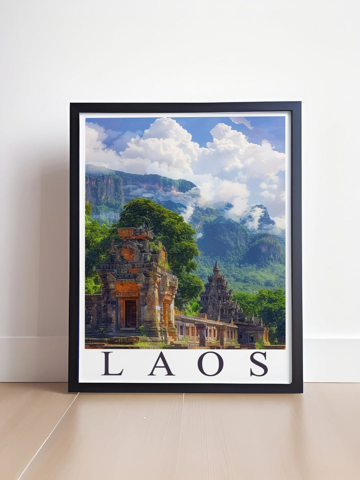 This vibrant Greece poster featuring Agios Nikolaos is a must have for travel prints enthusiasts paired with Vat Phou framed prints these artworks bring timeless appeal and elegance to your coastal home decor and wall decor collection