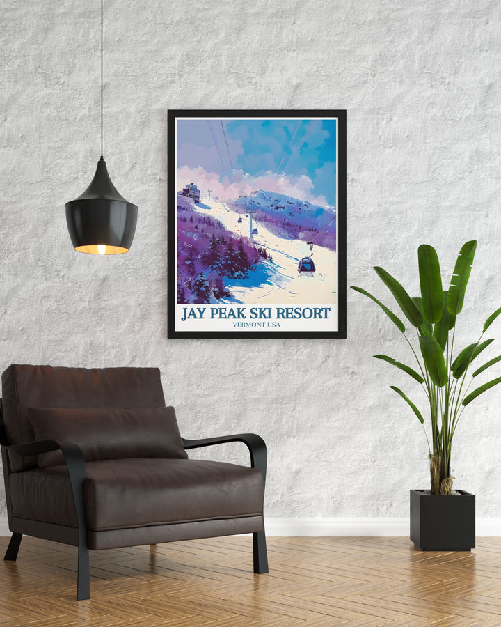 The dynamic ski slopes and vibrant winter activities of Jay Peak are beautifully illustrated in this poster, perfect for those who love adventure.