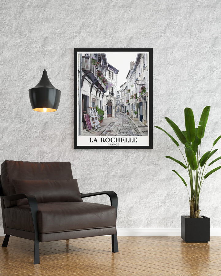 Beautiful France travel print showcasing the picturesque Old Town and the bustling Centre Ville of La Rochelle. The artwork captures the essence of this coastal city, with its blend of history, culture, and modern life, making it a timeless addition to any collection