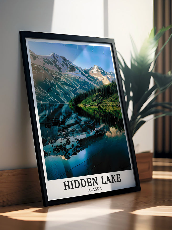 Hidden Lake travel poster offering a detailed view of the serene lake and surrounding mountains in Alaska. This wall print creates a peaceful and calming environment, perfect for adding a touch of natural beauty to your home or office décor.