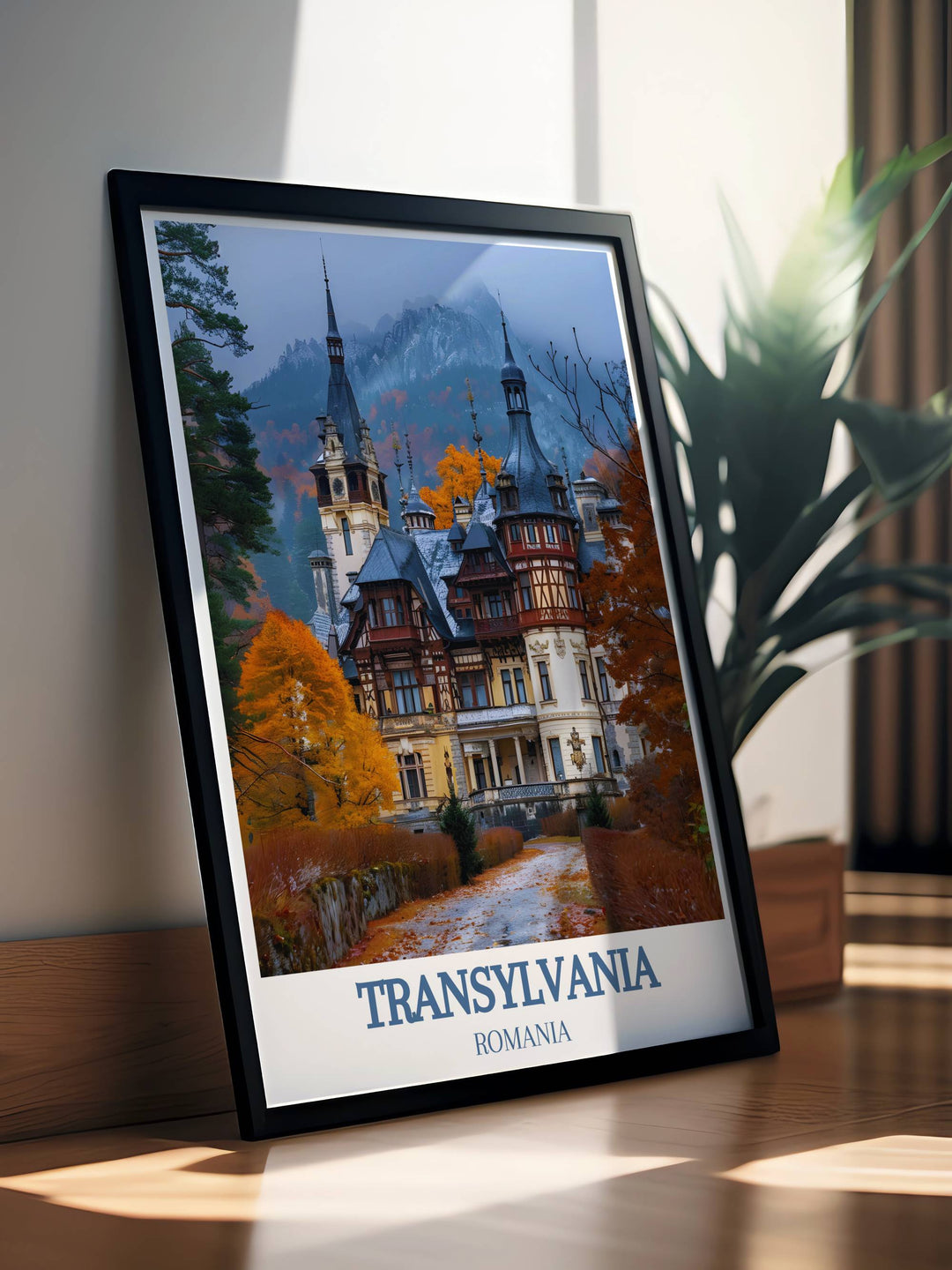 Framed art of Peleș Castle providing a touch of royal elegance to your home or office, with frames crafted to complement the intricate details of this historic Romanian castle.