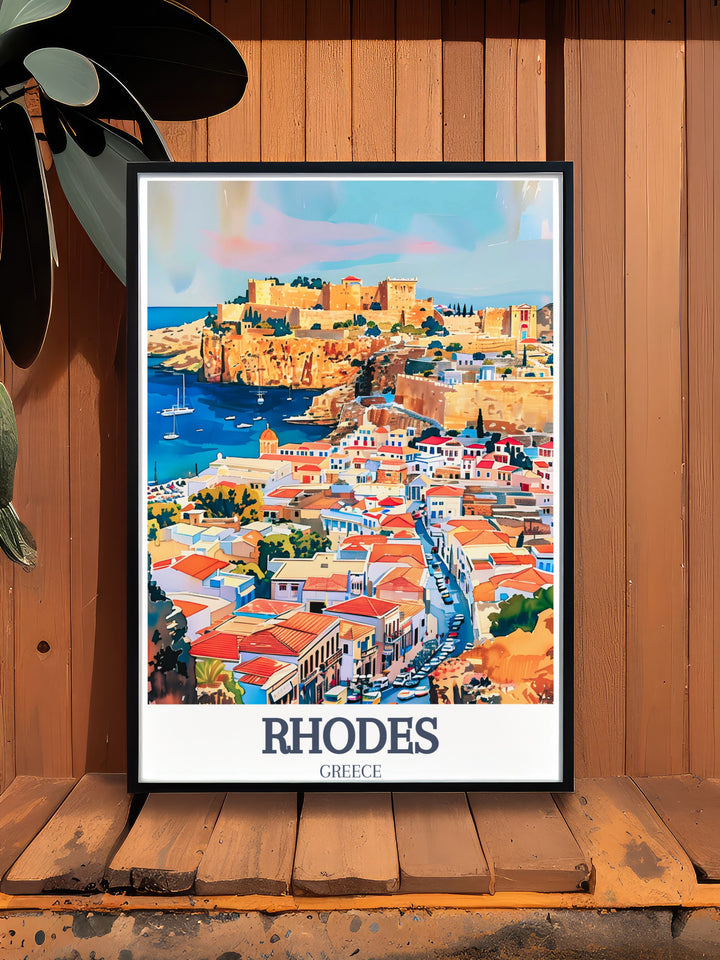 Capture the essence of Greece with this travel print showcasing Rhodes. The Palace of the Grand Master and the Old Town of Rhodes are brought to life with this wall art, while the travel poster adds depth and character, perfect for lovers of Greek landscapes.