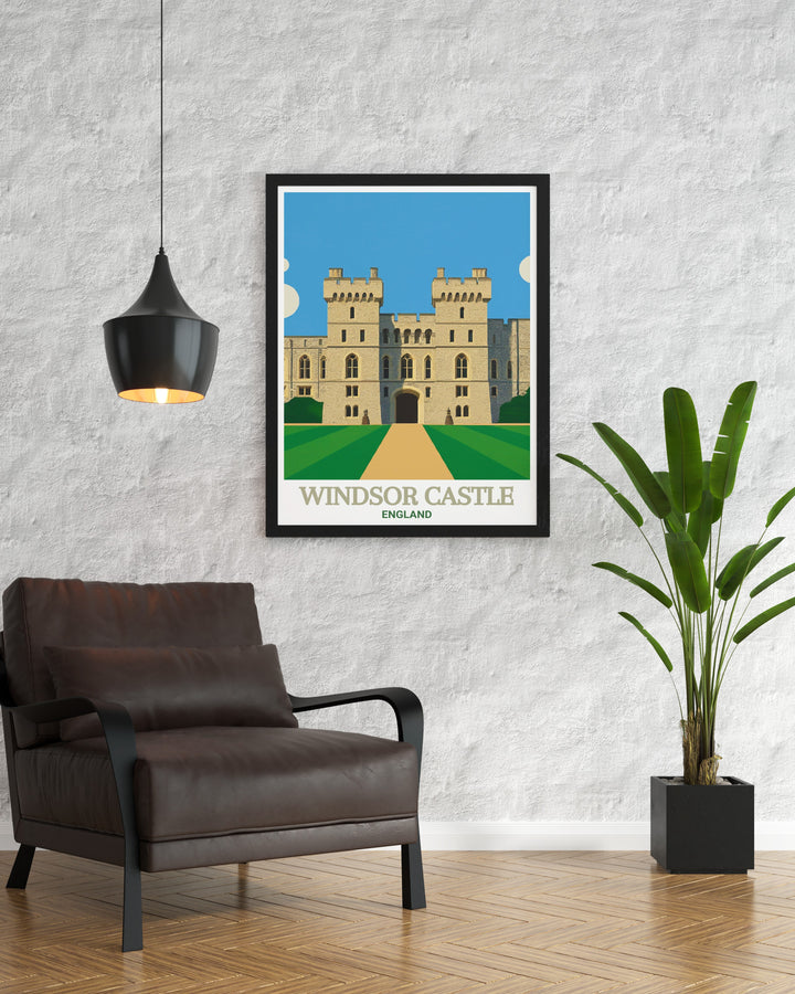 A travel print of Balmoral Castle, the Scottish royal retreat, featuring the picturesque Highlands landscape that surrounds the castle. This artwork brings the natural beauty of Balmoral into your home, offering a timeless connection to British royal heritage.