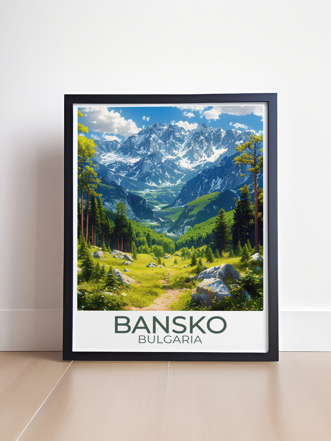 Highlighting the natural beauty of the Pirin Mountains, this travel poster showcases the stunning peaks and alpine meadows, perfect for nature enthusiasts and home decor lovers.