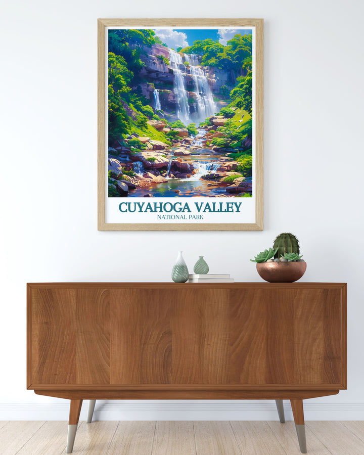 Beautiful vintage poster of Cuyahoga Valley National Park, featuring the serene Cuyahoga River and picturesque landscapes, perfect for retro wall art and nature enthusiasts.