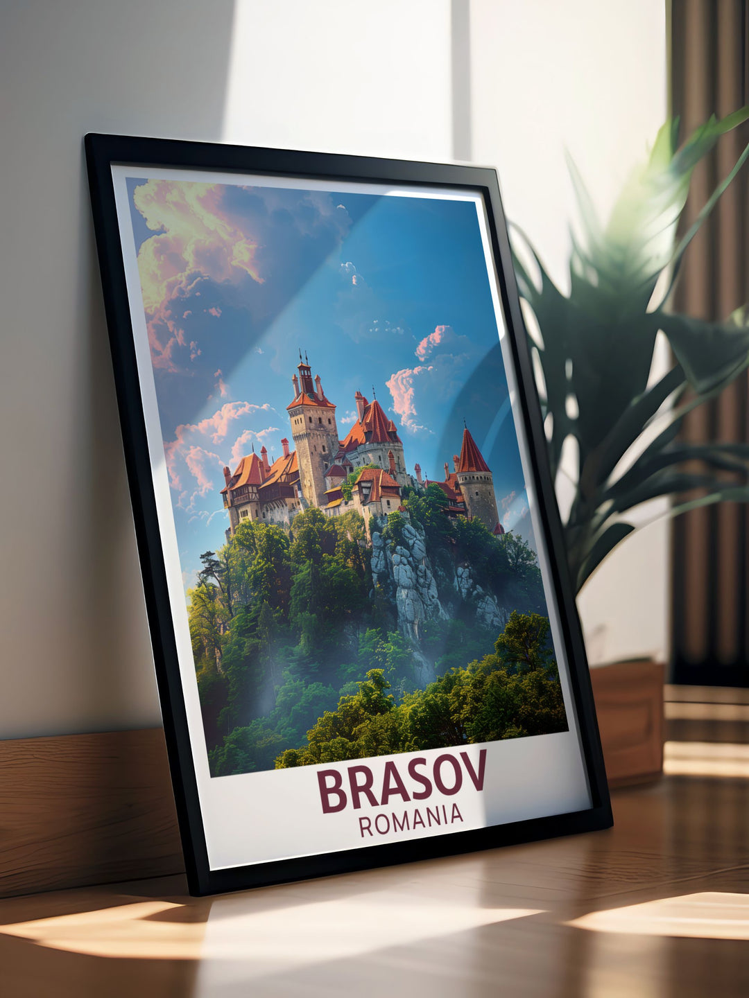 Beautifully designed Brasov print highlighting the medieval charm of Brasov Romania and the majestic Bran Castle. A must have travel print for those who love unique art and decor.