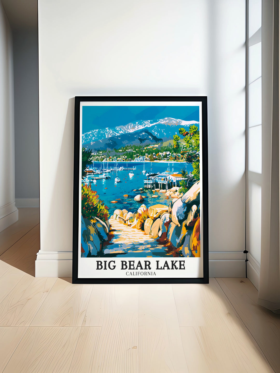 Elegant home decor featuring a travel print of Big Bear Lake with its stunning vistas and year round appeal bringing the magic of this location into your living room