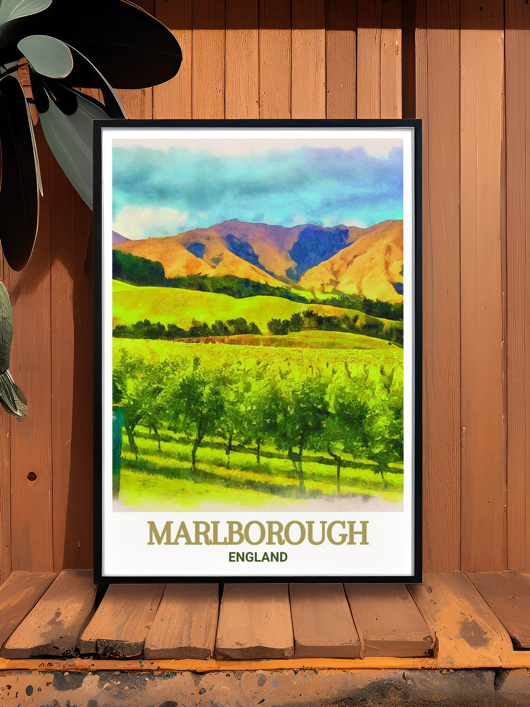 Marlborough travel poster featuring the picturesque landscape of Cloudy Bay Vineyards. Ideal for adding a touch of New Zealands charm to your decor. This print captures the elegance of the vineyards and the surrounding natural beauty.