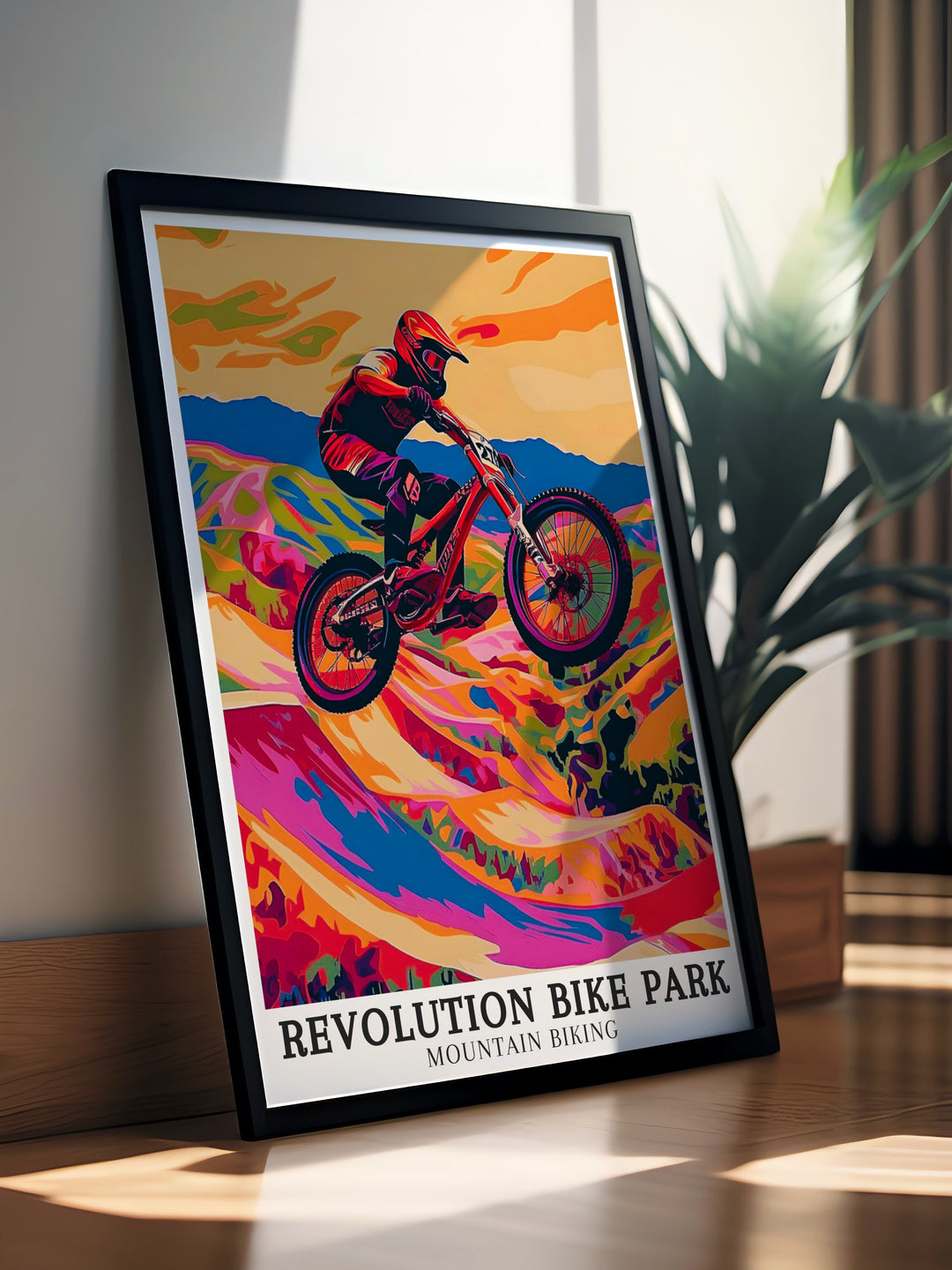 Mountain biking art from Revolution Bike Park in Wales. Featuring The Phoenix Trail, these prints capture the essence of adventure and the beauty of nature. Ideal for decorating your living space.