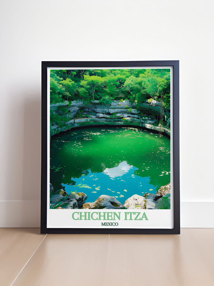 The ancient splendor of Chichen Itza is showcased in this travel print, highlighting the unique architecture and cultural significance of the site. This poster artfully depicts the grandeur of the Sacred Cenote, offering a perfect addition to any wall.