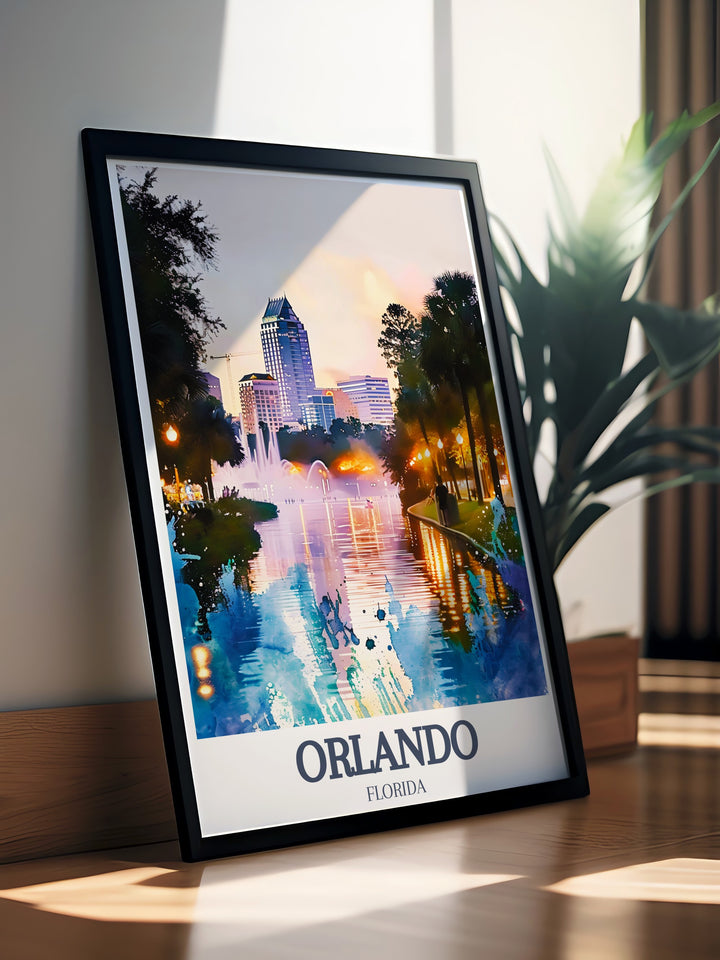 Orlando poster print featuring the peaceful Lake Eola Park and the vibrant Thornton Park District. This travel print captures the charm of these two iconic Orlando landmarks, offering a modern, minimalist design. Perfect for anyone who loves Orlando, Florida, this art print makes a stylish addition to any space.