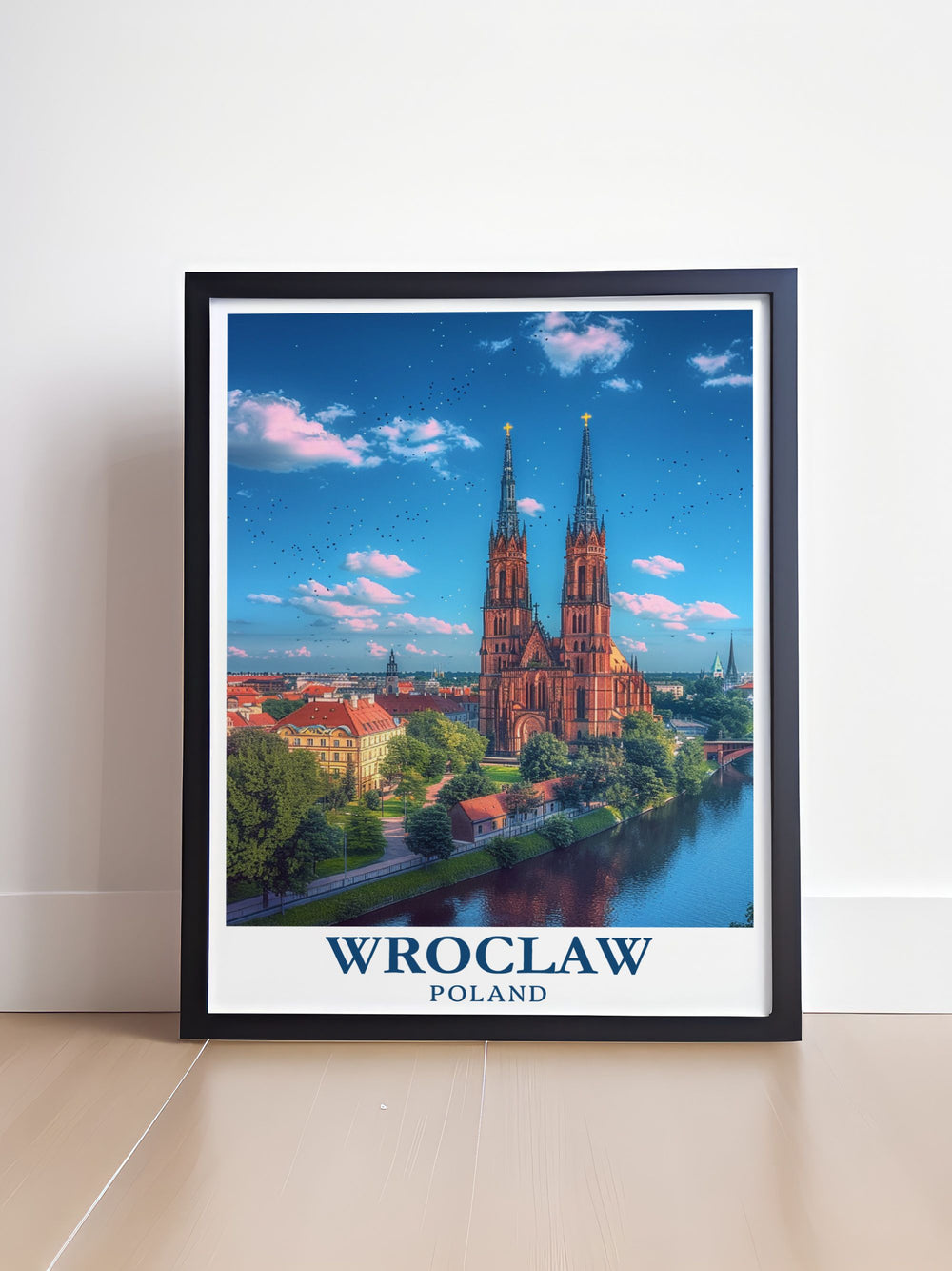 A Wroclaw vintage poster that honors the beauty of Ostrow Tumski while highlighting the architectural wonders of the region. This travel print serves as a reminder of Polands remarkable history and culture.