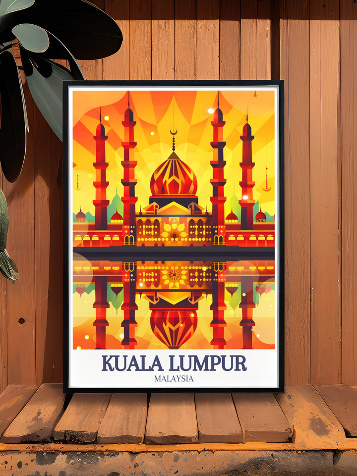 Stunning Malaysia painting of Sultan Salahuddin Abdul Aziz Mosque in Shah Alam perfect for Malaysian decor. This Kuala Lumpur poster highlights the mosques grandeur and intricate design.