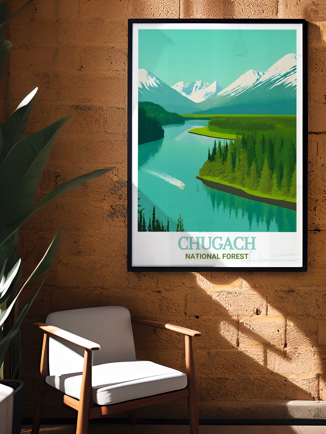 Alaska travel art print featuring the lush forests of Chugach and the serene Kenai River an ideal piece for nature lovers looking to decorate their homes with stunning wall art