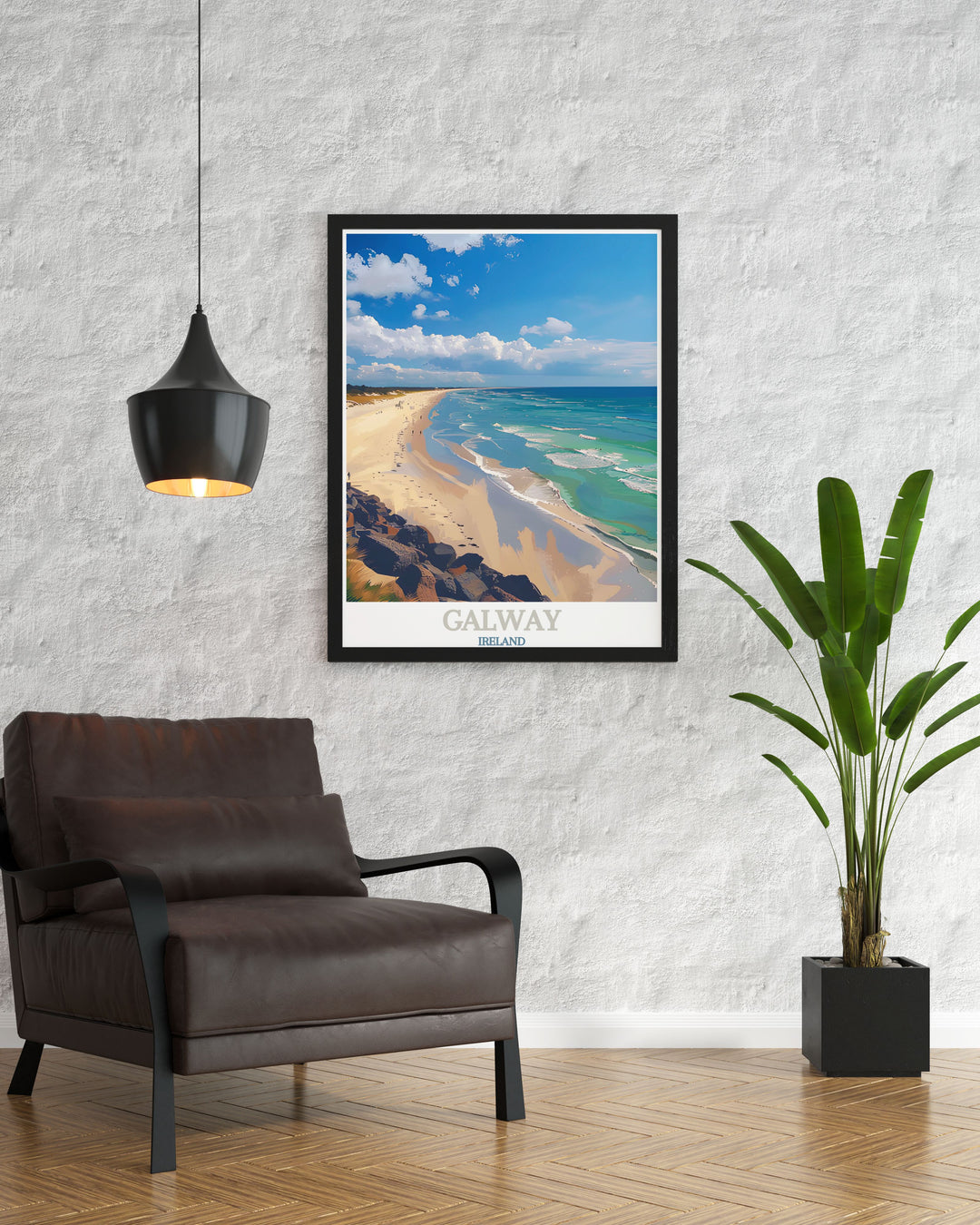 Our Galway Art Print showcases the unique combination of urban and natural landscapes, featuring Galways city streets and the nearby Silverstrand Beach. This black and white poster makes for a versatile décor piece in any setting.