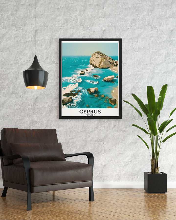 This Paphos wall art captures the serene beauty of Cyprus coastline, including the famous Aphrodites Rock. With its historical and natural significance, this art print is a perfect addition for those who appreciate Mediterranean landscapes and Greek mythology.