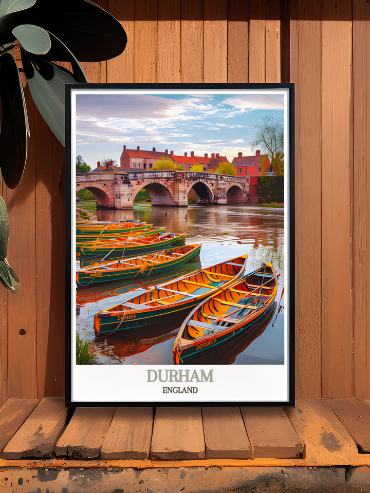 The River Wear is highlighted in this travel poster, capturing its serene charm and the timeless beauty of Durhams riverside, perfect for your living space.