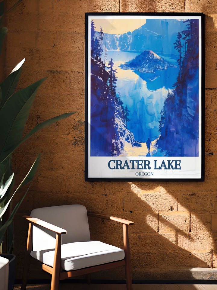 This travel poster captures the essence of Crater Lake National Park and the adventure of Wizard Island, highlighting their unique beauty and significance, making it perfect for enhancing your home decor with Oregons charm.