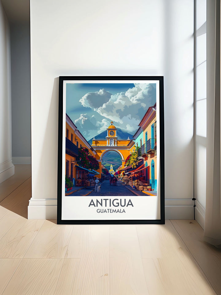 Fine line print of Santa Catalina Arch in black and white perfect for adding a sophisticated touch to your home decor this artwork captures the beauty and historical significance of Antigua Guatemala