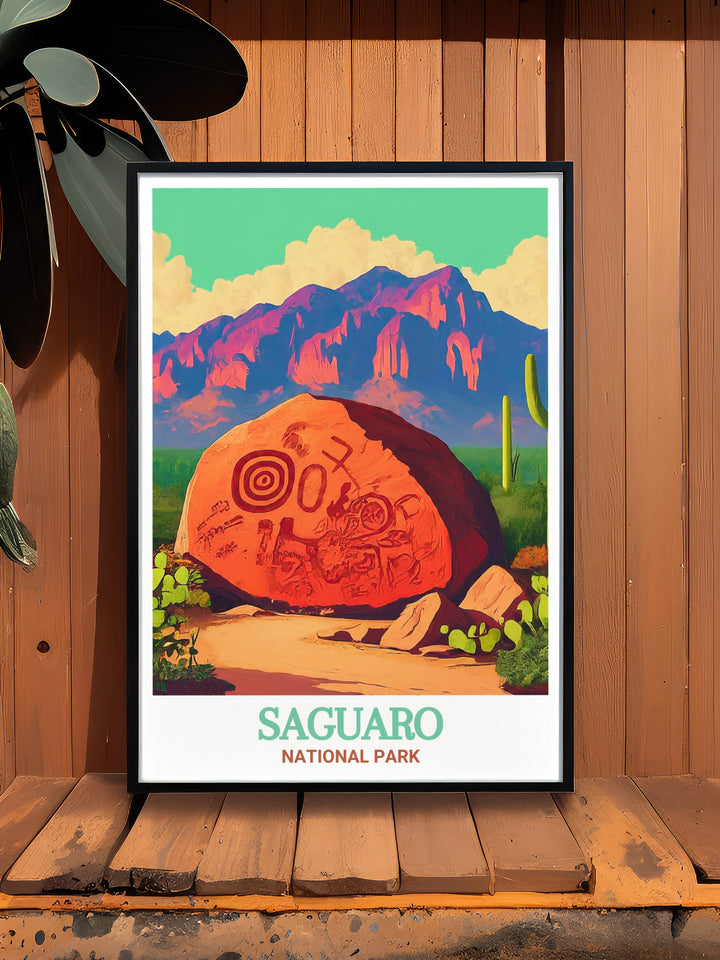 Immerse yourself in the ancient history of Arizona with this Arizona travel print, capturing the intricate petroglyphs of Signal Hill and the rugged beauty of Saguaro National Park, making it an ideal piece for history and nature enthusiasts.