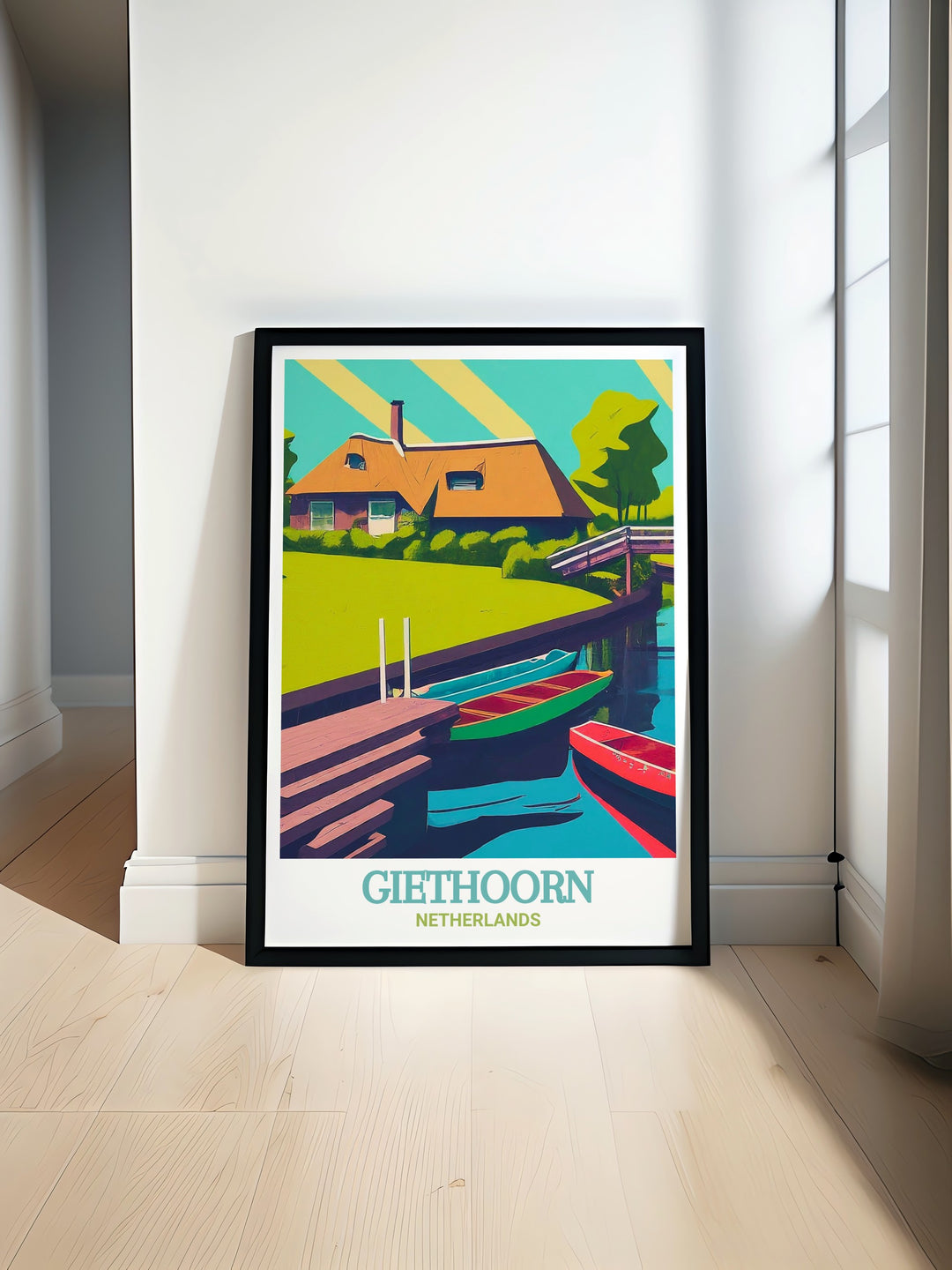 Experience the charm of Giethoorn with this Netherlands travel poster. The detailed depiction of the villages iconic canals and traditional homes makes this artwork a standout piece for any space, offering a glimpse into the serene beauty of Dutch life.