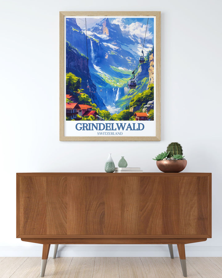 A vibrant illustration of Eiger mountain Grindelwald First highlighting the scenic beauty of the Swiss Alps. Perfect for any room this Grindelwald First wall art brings the majestic mountain views into your home.