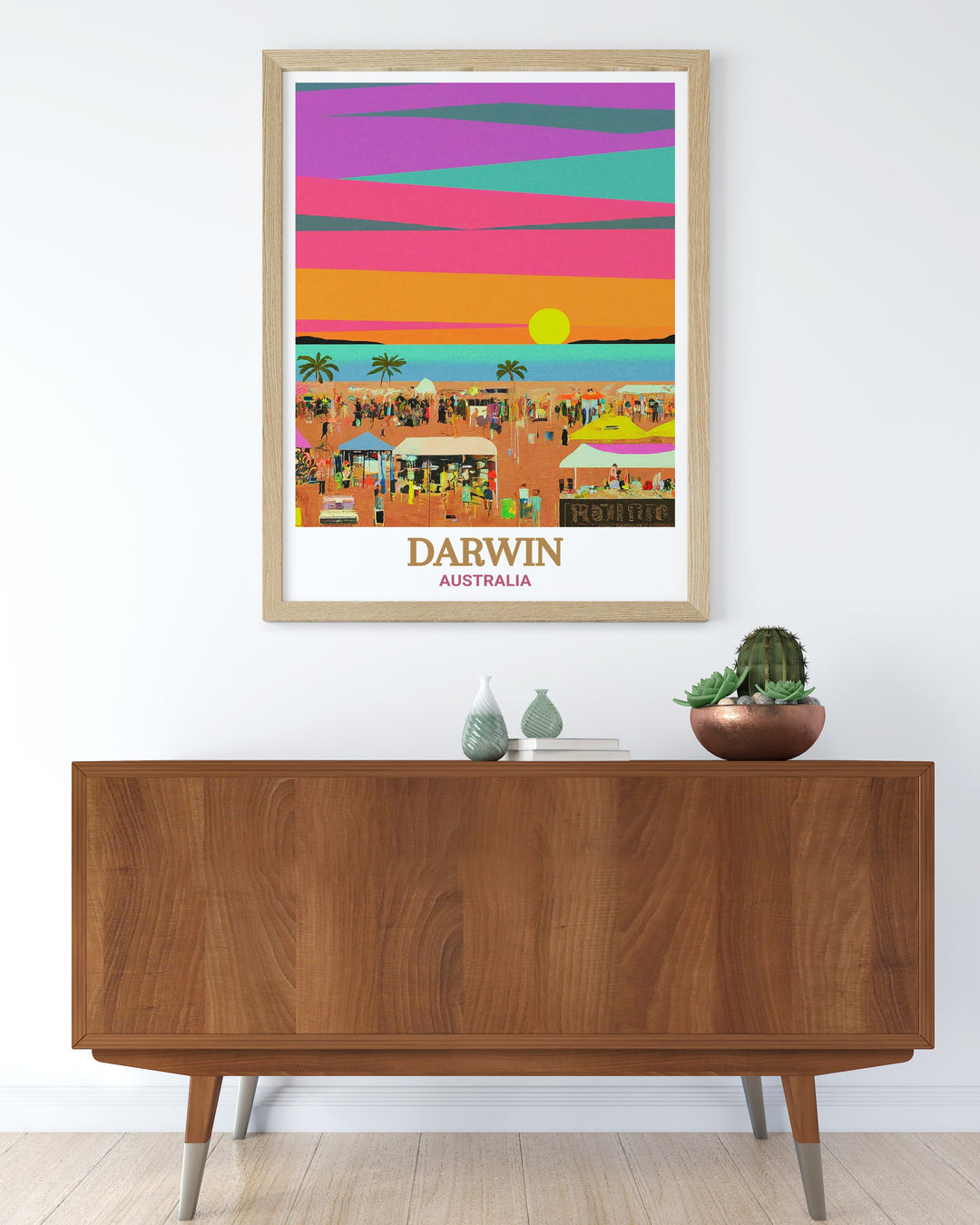 Darwin art print of the Mindil Beach Sunset Markets, capturing the vibrant spirit of this iconic Australian attraction. This Australia travel poster is perfect for anyone who loves markets and sunsets, bringing the warmth and energy of Darwin into your living space.