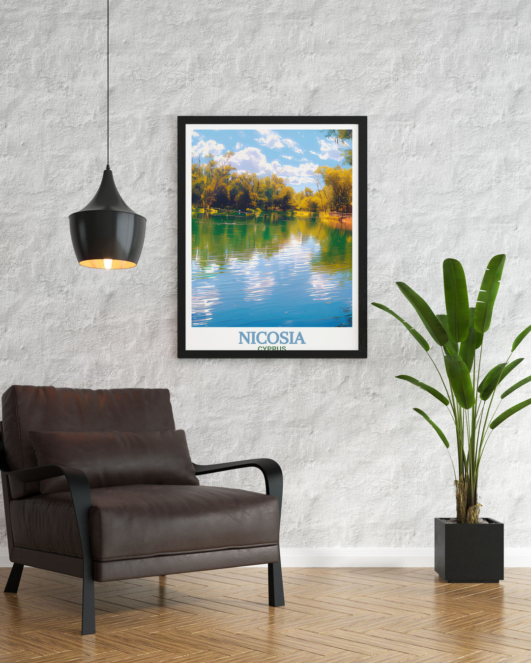 This Nicosia travel poster highlights the citys vibrant atmosphere and the peaceful Athalassa Reservoir, offering a stunning view of both urban and natural beauty. Ideal for wall decor, this canvas art is perfect for anyone looking to bring a piece of Cyprus into their home.