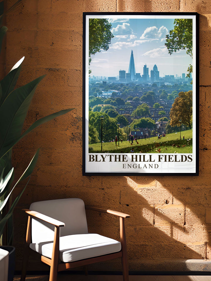This detailed art print of Blythe Hill Fields highlights its picturesque park views and the panoramic view of Londons skyline, set against the backdrop of South East London, ideal for those who love urban travel art.