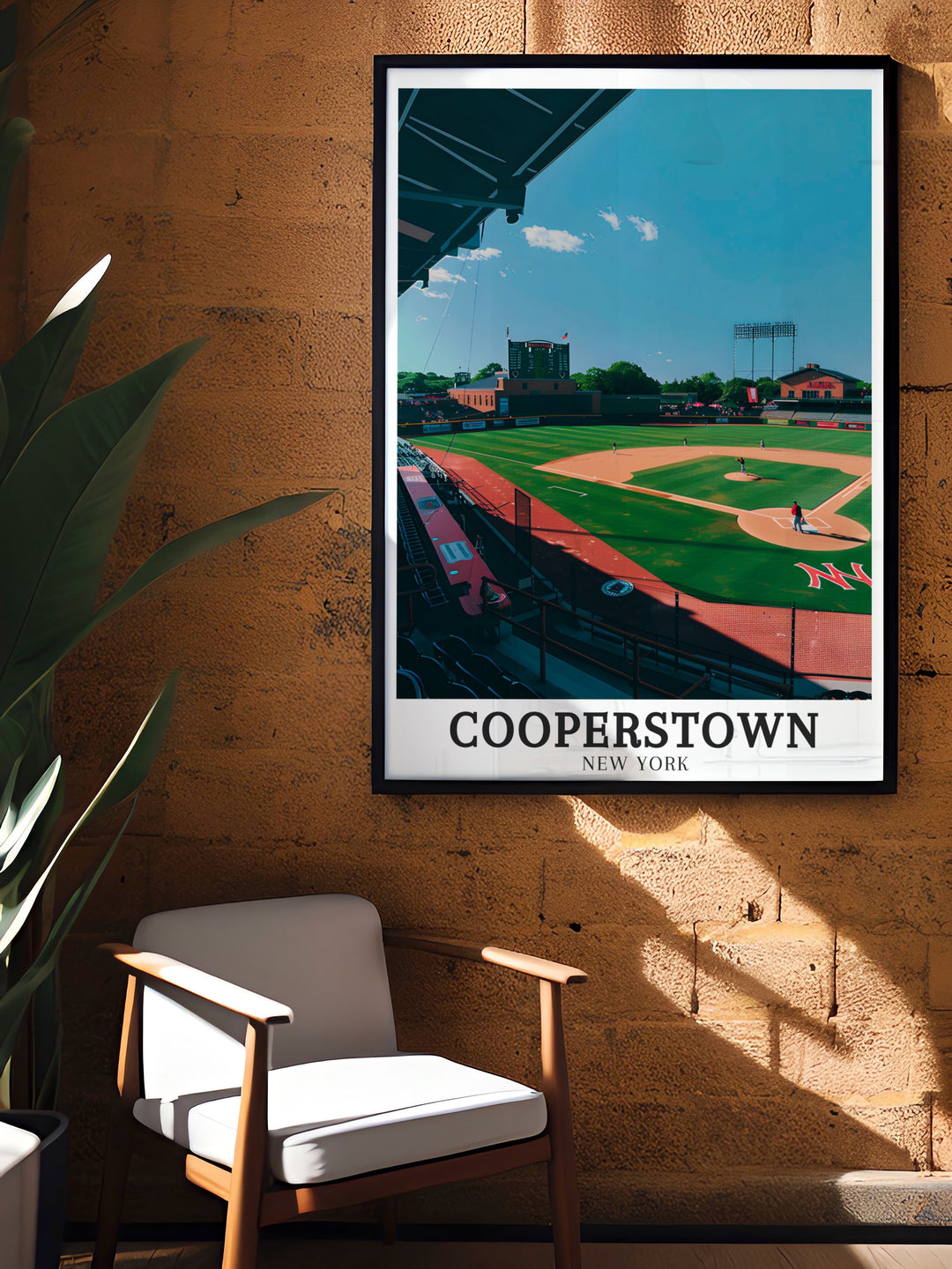 This travel poster of Cooperstown combines the charm of Doubleday Field and the significance of the National Baseball Hall of Fame. Perfect for fans of the game, this print celebrates the timeless appeal of Americas pastime.