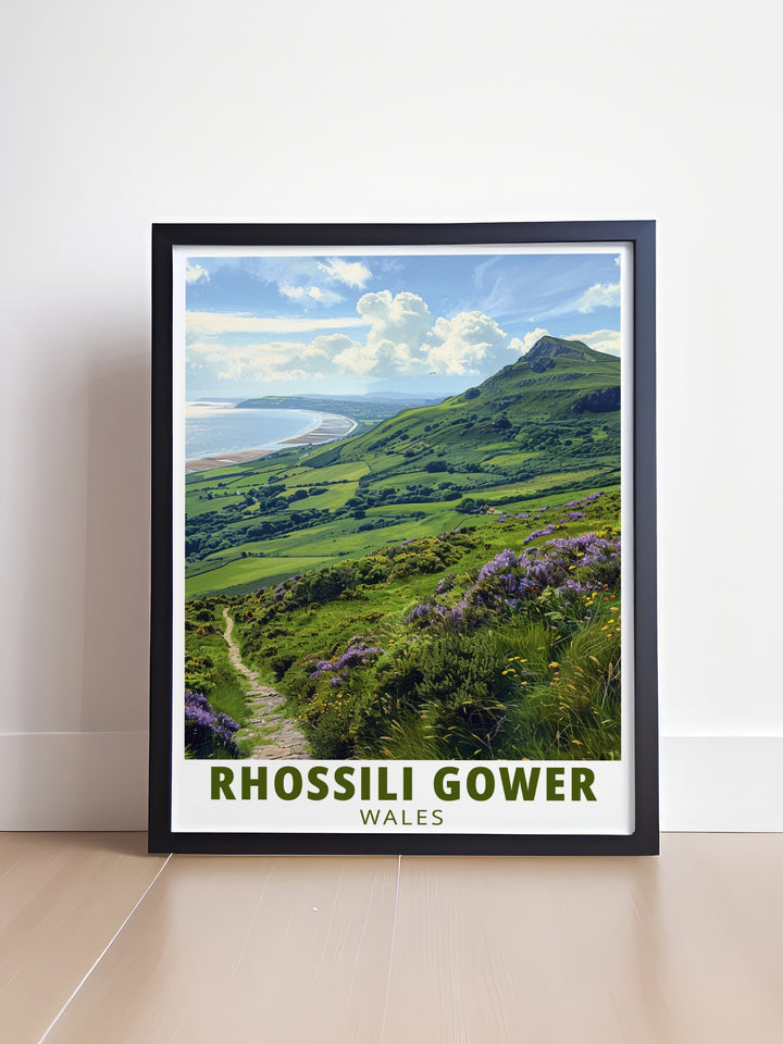 Stunning Rhossili Down artwork highlighting the scenic beauty of Swanseas beaches for stylish interiors