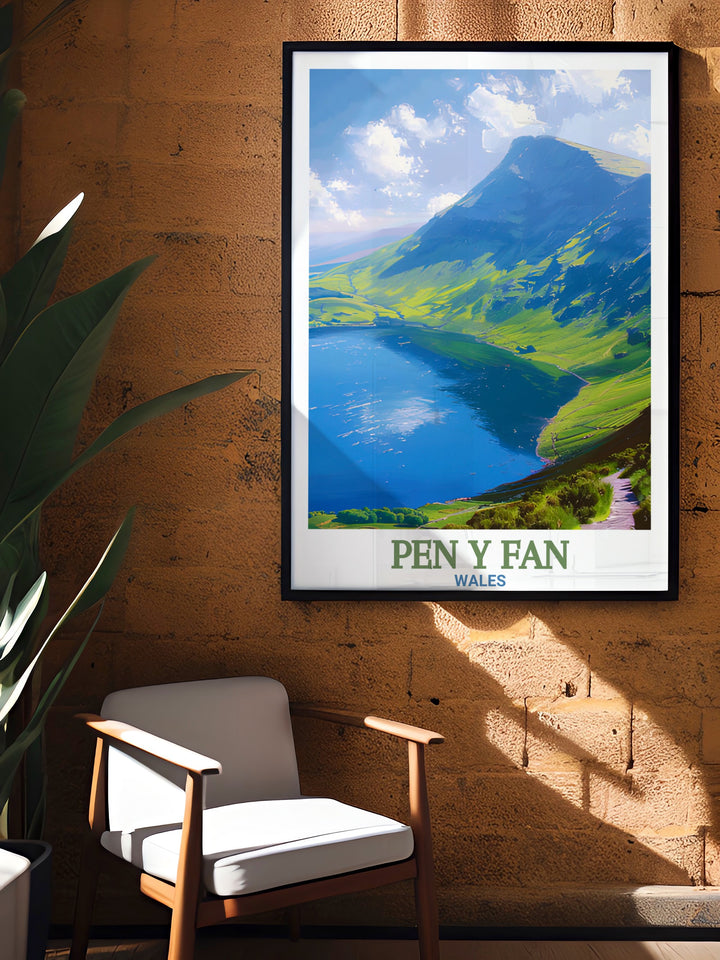 Pen y Fan Travel Poster showcasing the dramatic views of the Brecon Beacons, with the iconic peak and the peaceful lake of Llyn y Fan Fawr. This framed art is ideal for those who love exploring the natural beauty of Wales.