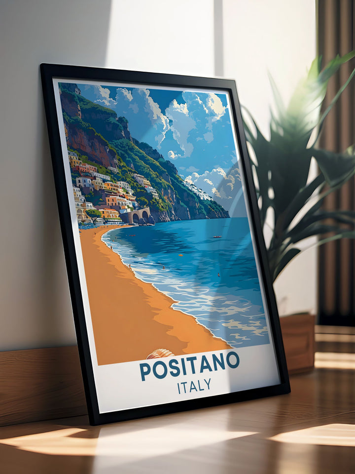Positano Wall Art featuring Spiaggia Grande a picturesque scene of Italys famous coastal town perfect for home decor enhancing the aesthetic of any room with vibrant colors and stunning views of the Amalfi Coast ideal for travel lovers and art enthusiasts