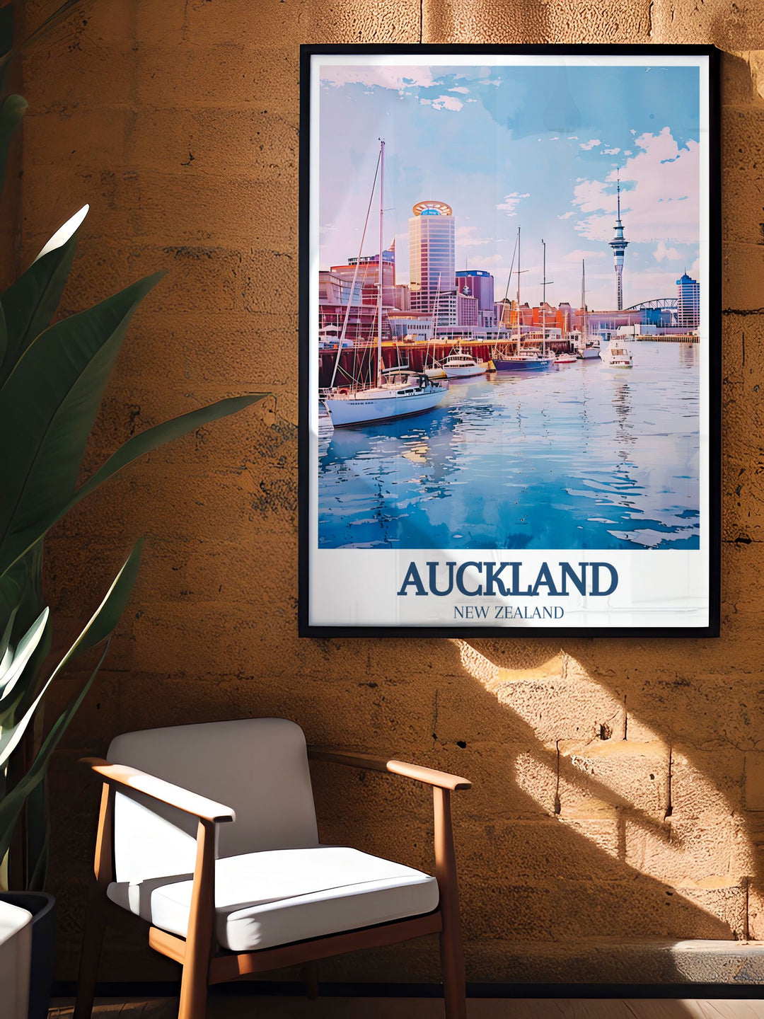 Unique New Zealand artwork of Aucklands waterfront, featuring landmarks like the Viaduct Harbour, Wynyard Quarter, and Harbour Bridge. Ideal for personalized gifts or home decor, this print captures the citys essence and vibrant charm.