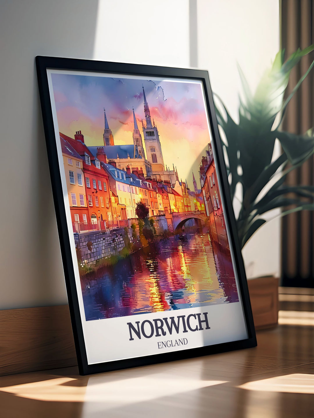 Blakeney Norfolk art print designed for those who love elegant home decor and vintage travel posters includes stunning views of the River Wensum Tudor buildings and The Norwich Cathedral ideal for framing and display.