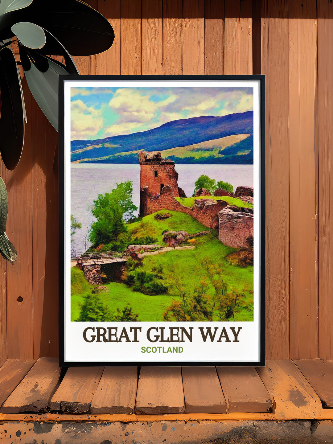 Urquhart Castle artwork showcasing the iconic Scottish landmark with views of Loch Ness and the Great Glen Way perfect for those seeking National Park prints that highlight Scotland travel art and the natural beauty of the West Highland trail