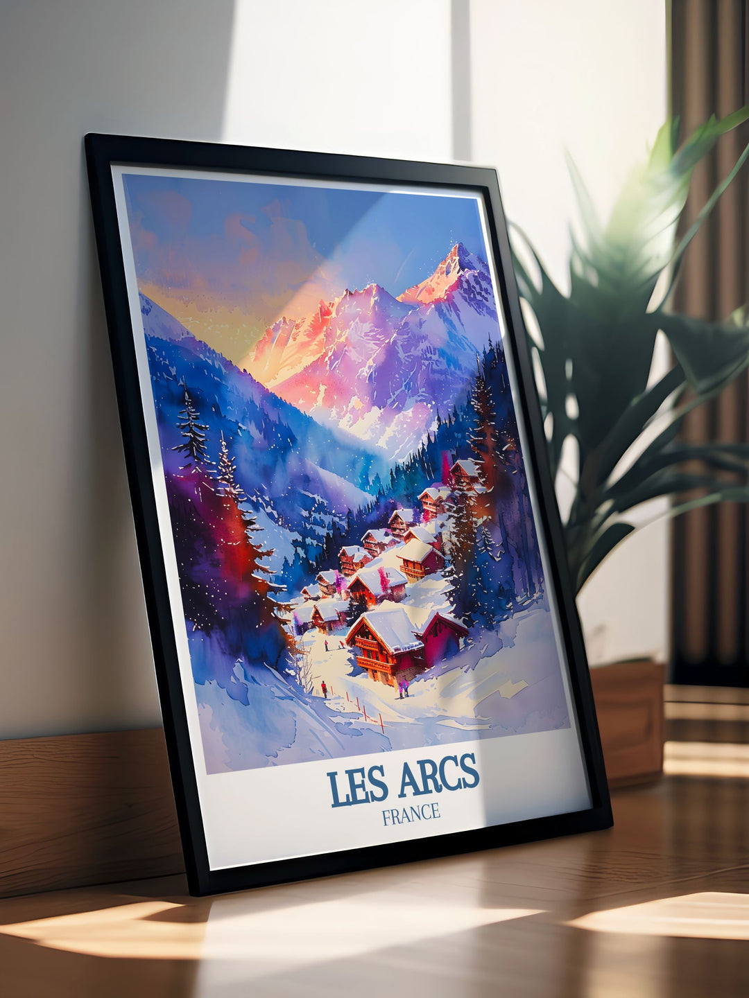 Beautiful skiing poster featuring Aiguille Rouge Mont Blanc in Les Arcs ideal for those who appreciate travel art and want to bring the charm of the French Alps into their home