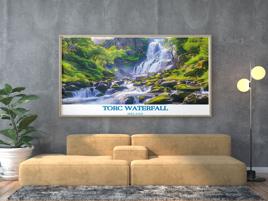 Immerse yourself in the enchanting ambiance of Torc Waterfall, showcased in this captivating travel poster, perfect for nature enthusiasts.