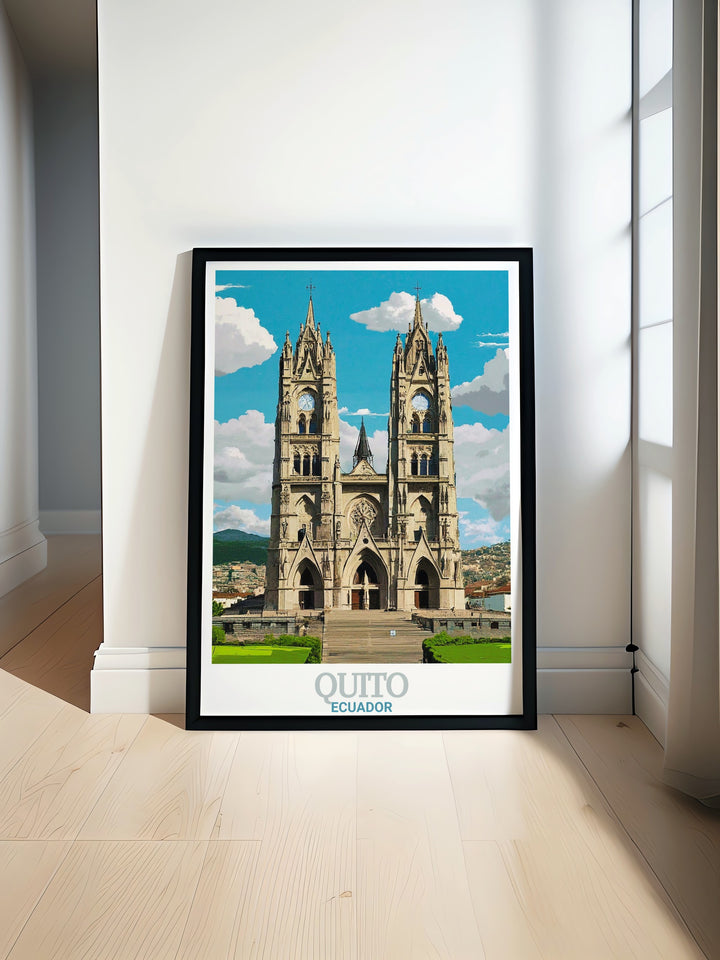 . Quito Wall Poster featuring the neo Gothic Basílica del Voto Nacional, one of the most iconic landmarks in Ecuador. This travel poster is perfect for anyone who loves architecture, history, and the vibrant culture of Quito.