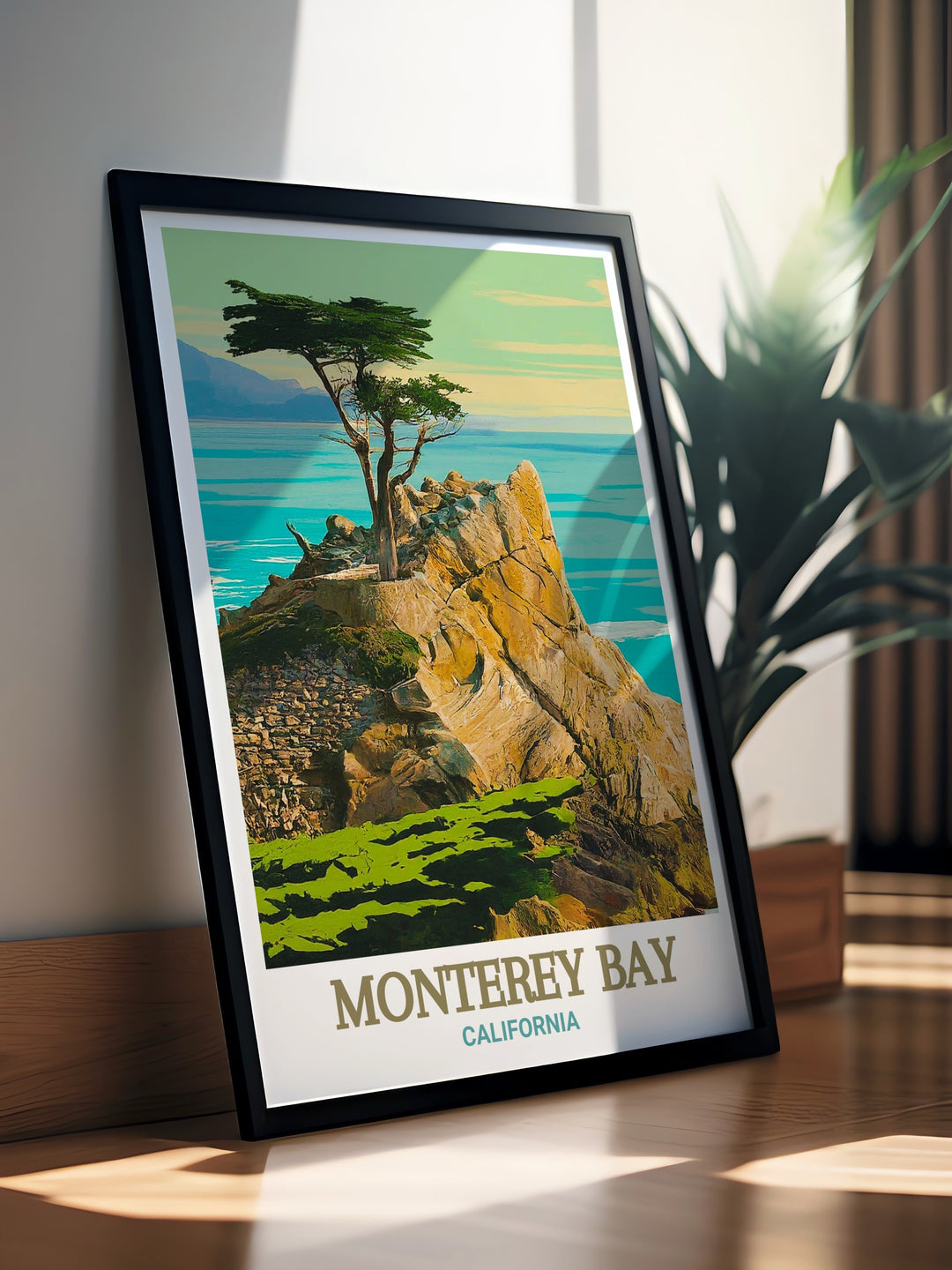 California travel poster featuring the picturesque 17 Mile Drive in Monterey Bay. Ideal for adding a touch of Californias charm to your decor. This print captures the essence of the scenic coastal drive.