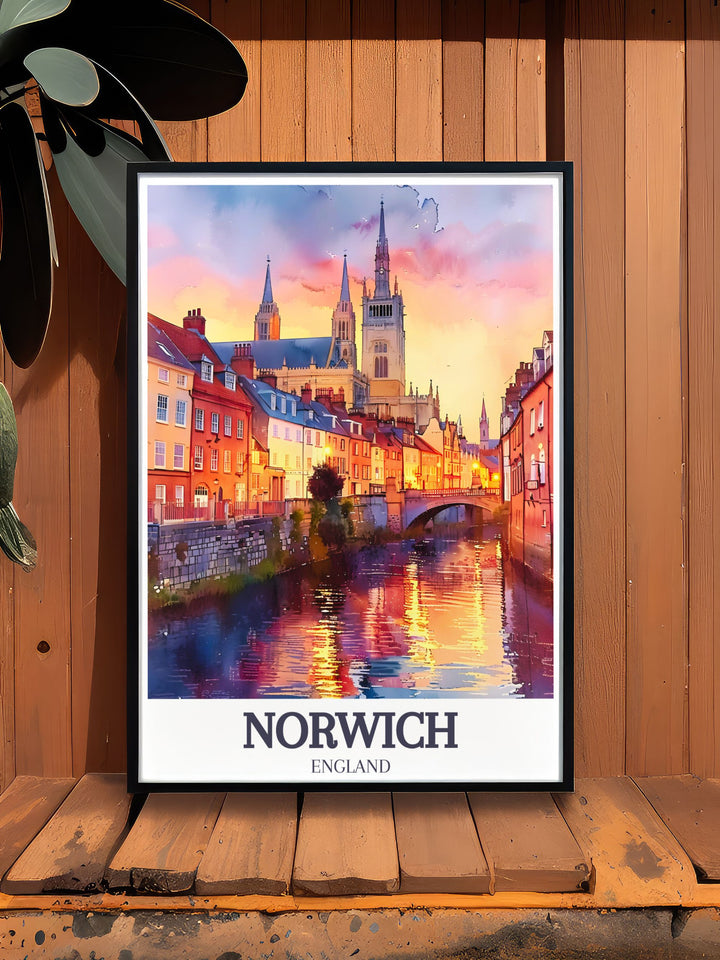 Blakeney Poster depicting the charming landscapes of Blakeney Norfolk and the iconic Norfolk Coast Path includes details of the River Wensum Tudor buildings and The Norwich Cathedral ideal for UK travel poster collections.