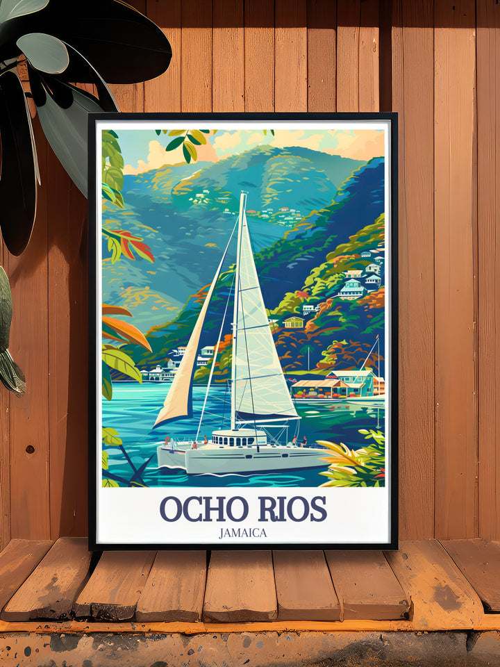 Immerse yourself in the tranquility of the Caribbean Sea with this stunning art print of Ocho Rios, showcasing the serene waters and picturesque beaches that make this destination a tropical haven. Ideal for those who love coastal decor, this travel poster brings the soothing vibes of the Caribbean into any space.