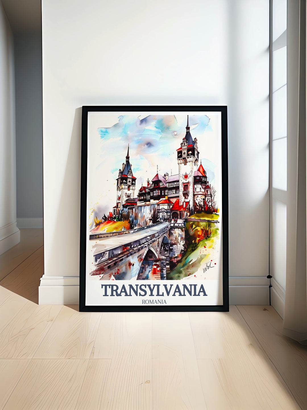 This Transylvania travel print features Corvin Castle, a stunning example of Gothic architecture, located in Hunedoara. Ideal for art lovers and history buffs, this framed artwork showcases the essence of Romanias medieval past and its connection to Draculas legend.