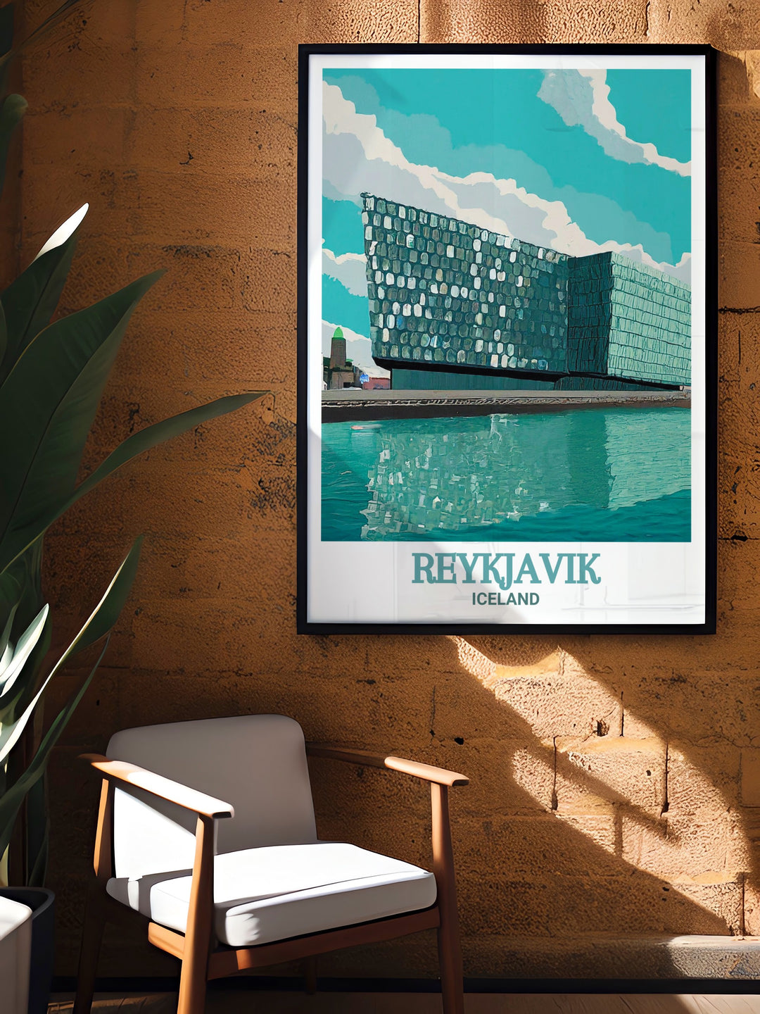 Reykjavik wall print showcasing the architectural marvels of Reykjavik, including the iconic Harpa Concert Hall, set against the backdrop of Icelands dramatic landscapes. This travel poster is ideal for adding a touch of Icelandic charm to your home.